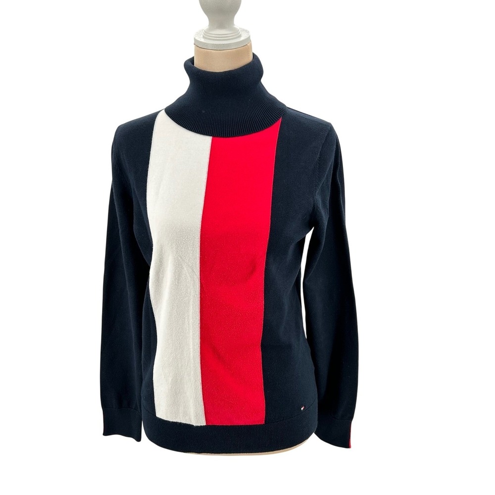 Tommy Hilfiger Womens Colorblock‎ Turtleneck Sweater Navy Blue Red White Small